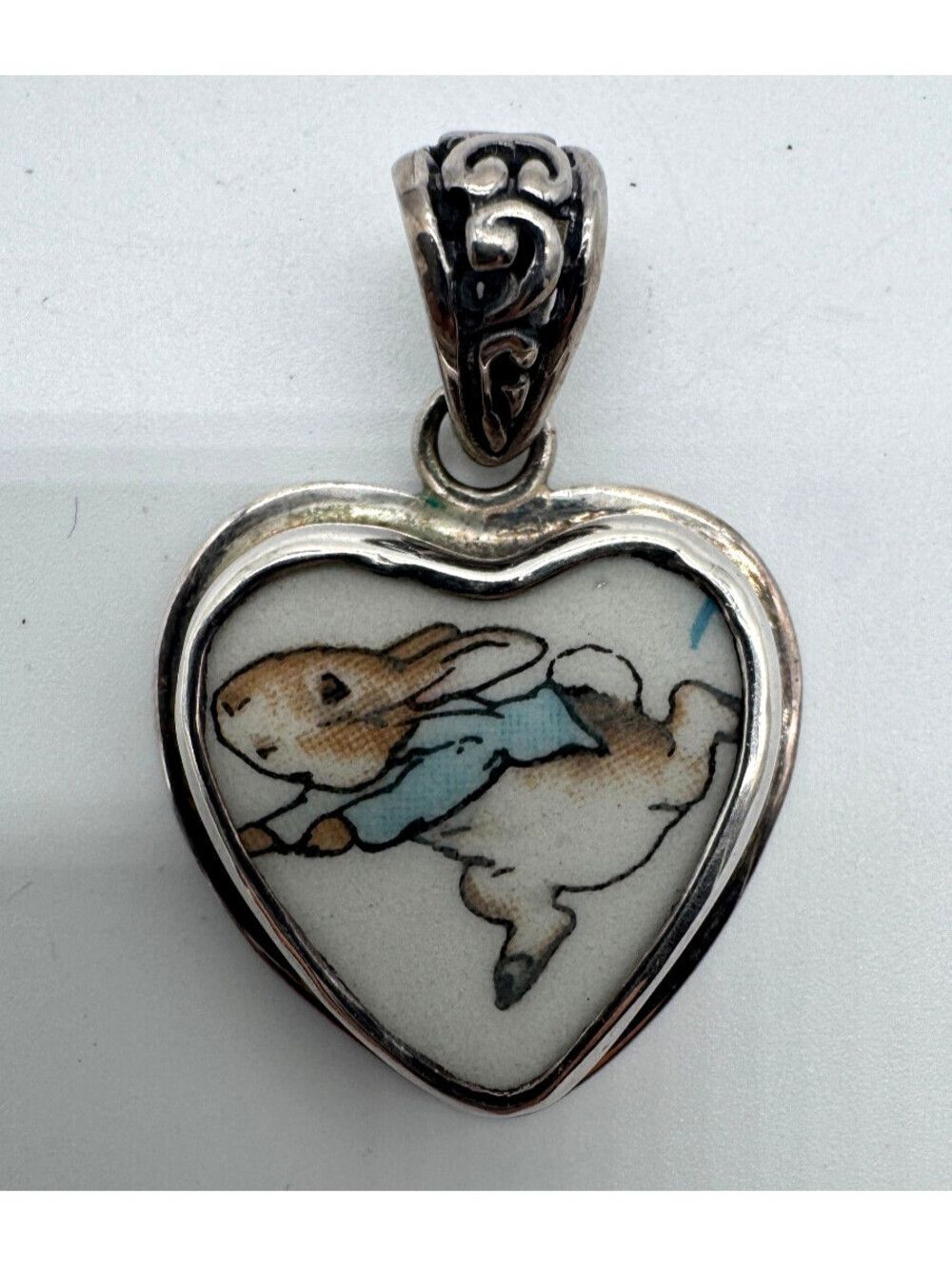 Peter Rabbit Beatrix Potter Broken China 925 Sterling Silver Heart Pendant
